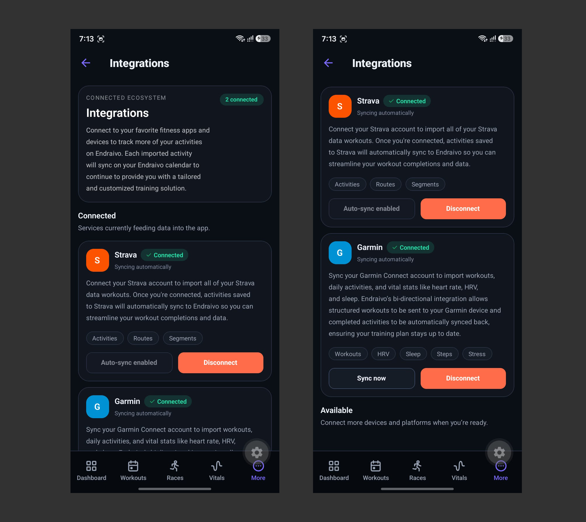 Endraivo App: verbundene Integrationen Strava und Garmin