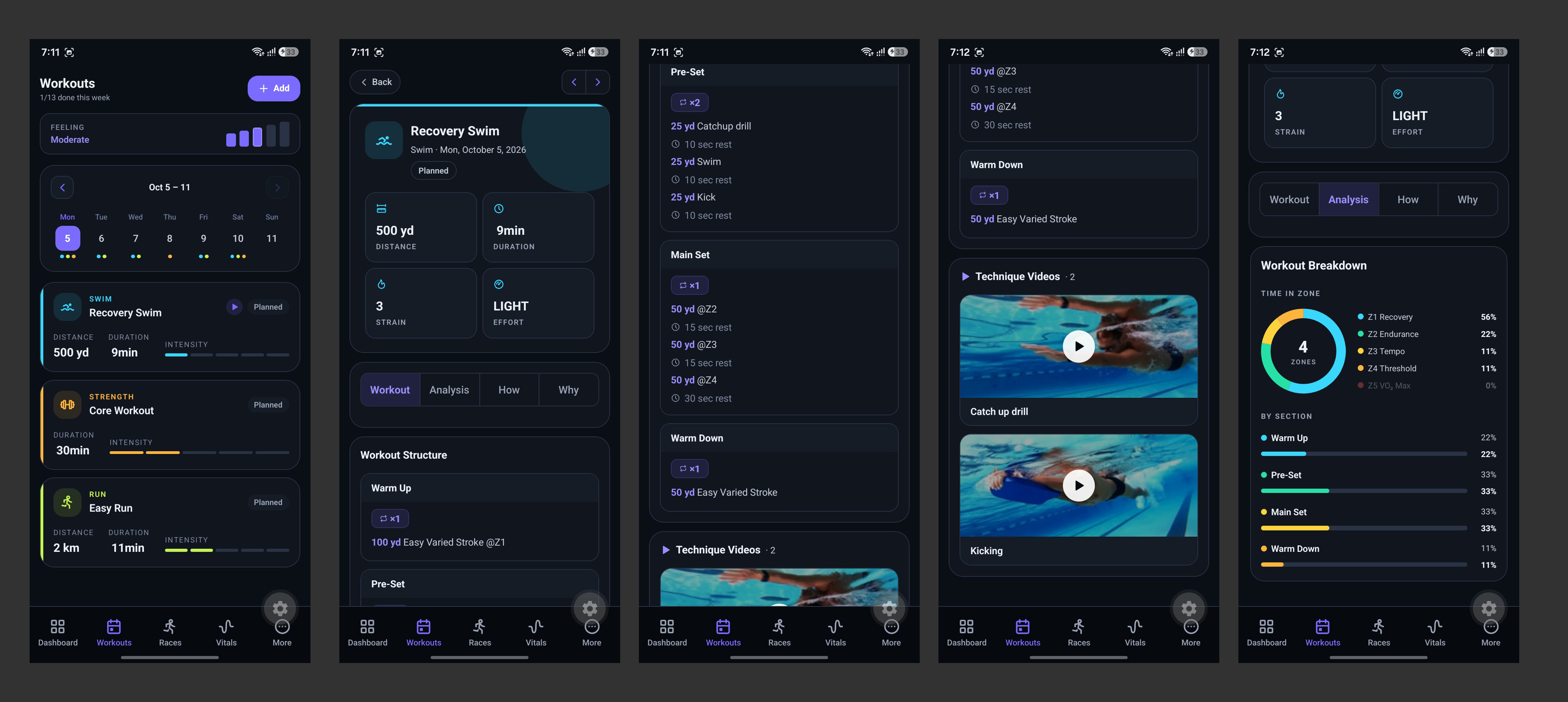 Endraivo App: Workout-Liste, Workout-Details, Satzaufbau, Technikvideos und Analyse der Zeit in Zonen